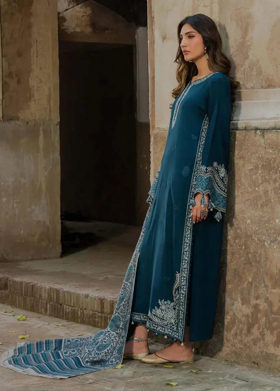 3 Piece Unstitched Embroidered Dhanak Suit with Printed Wool Shawl