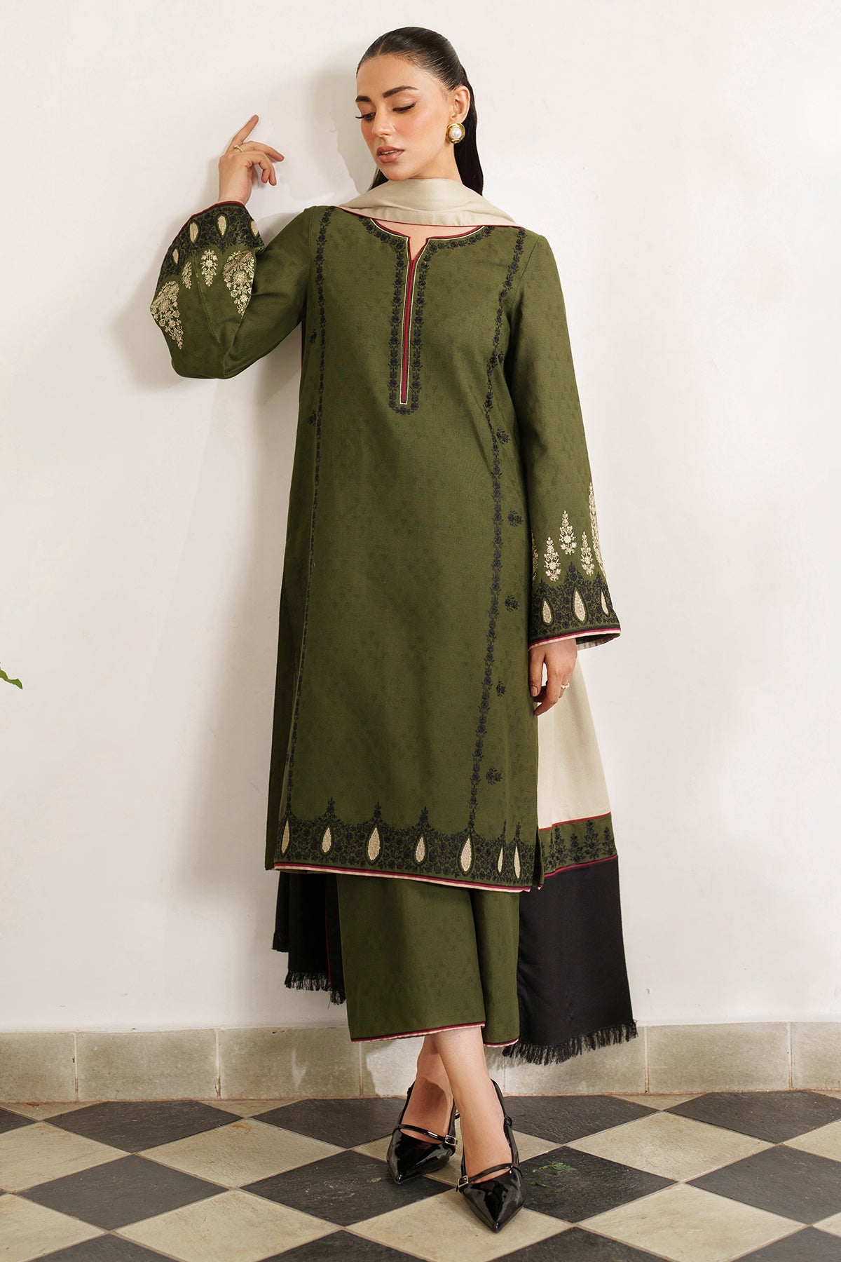 3 Piece Unstitched Embroidered Dhanak Suit with Printed Wool Shawl