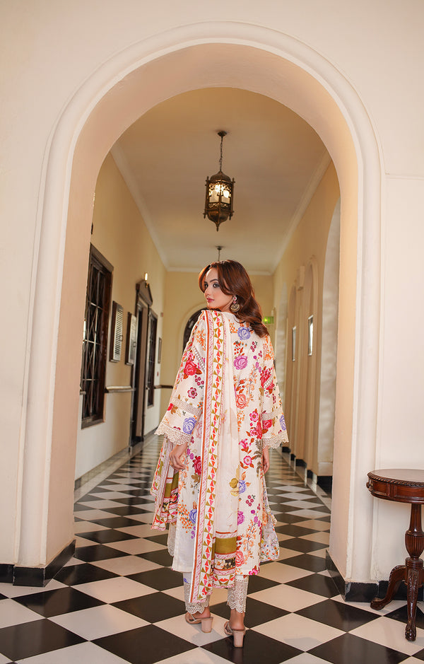 3 Piece Stitched Embroidered Lawn Suit with Printed Monaar Chiffon Dupatta