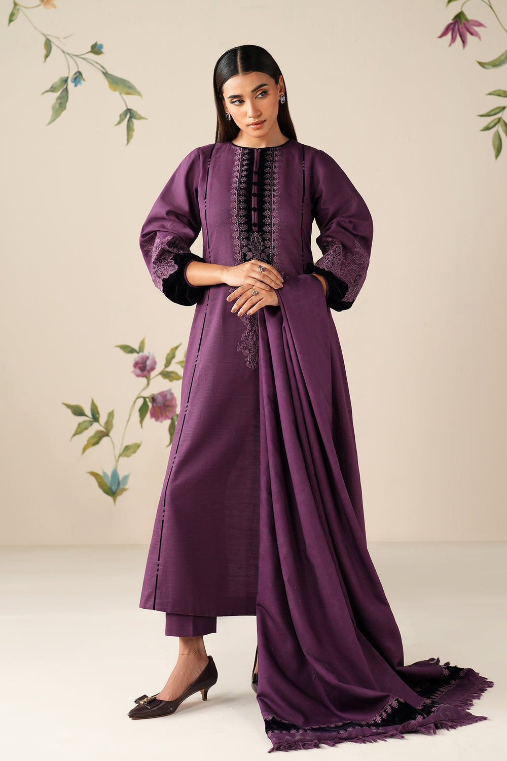 3 Piece Unstitched Embroidered Dhanak Suit with Embroidered Dhanak Shawl