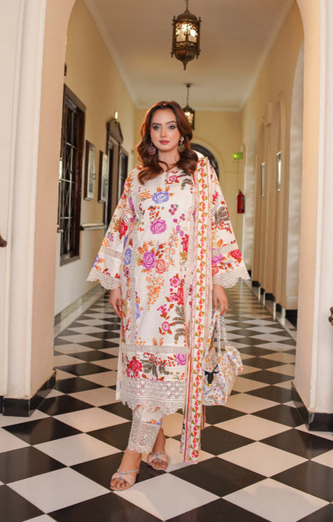 3 Piece Stitched Embroidered Lawn Suit with Printed Monaar Chiffon Dupatta
