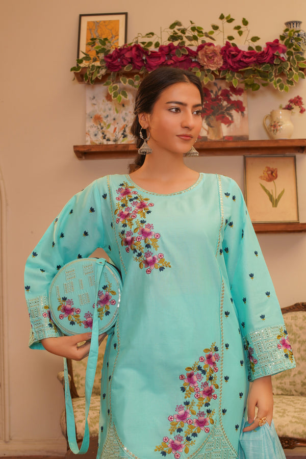 3 Piece Stitched Embroidered Lawn Suit with Printed Monaar Chiffon Dupatta and Hand Bag