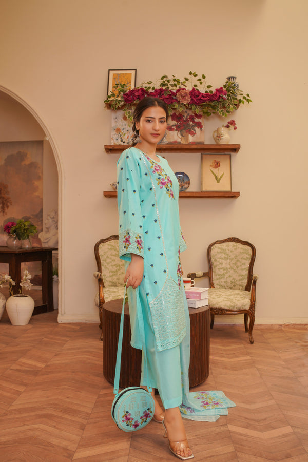 3 Piece Stitched Embroidered Lawn Suit with Printed Monaar Chiffon Dupatta and Hand Bag