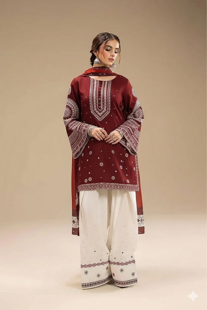 3 Piece Unstitched Heavy Embroidered Dhanak Suit with Printed Wool Shawl