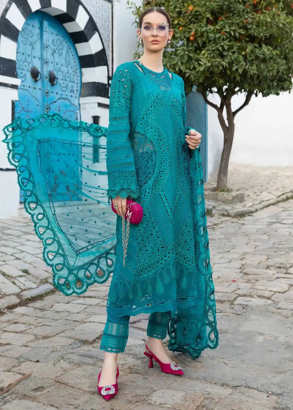 3 Piece Unstitched Heavy Embroidered Chickan Kari Lawn Suit with Heavy Embroidered Chiffon Dupatta