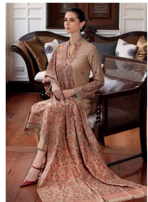 3 Piece Unstitched Heavy Embroidered Dhanak Suit With Heavy Embroidered Dhanak Shawl