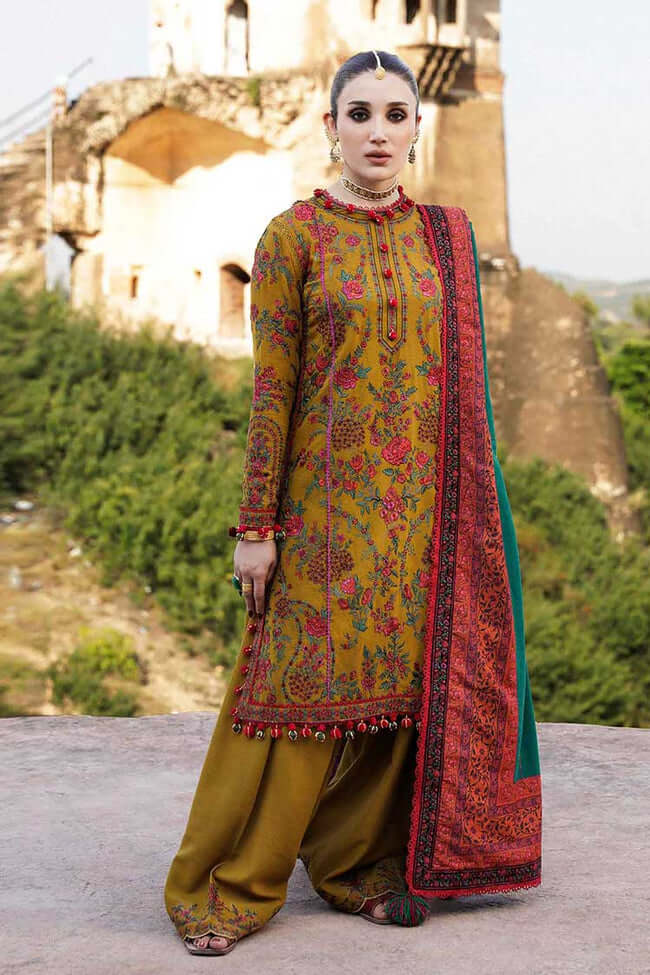 3 Piece Unstitched Heavy Embroidered Dhanak Wool Suit With Printed Woolen Shawl