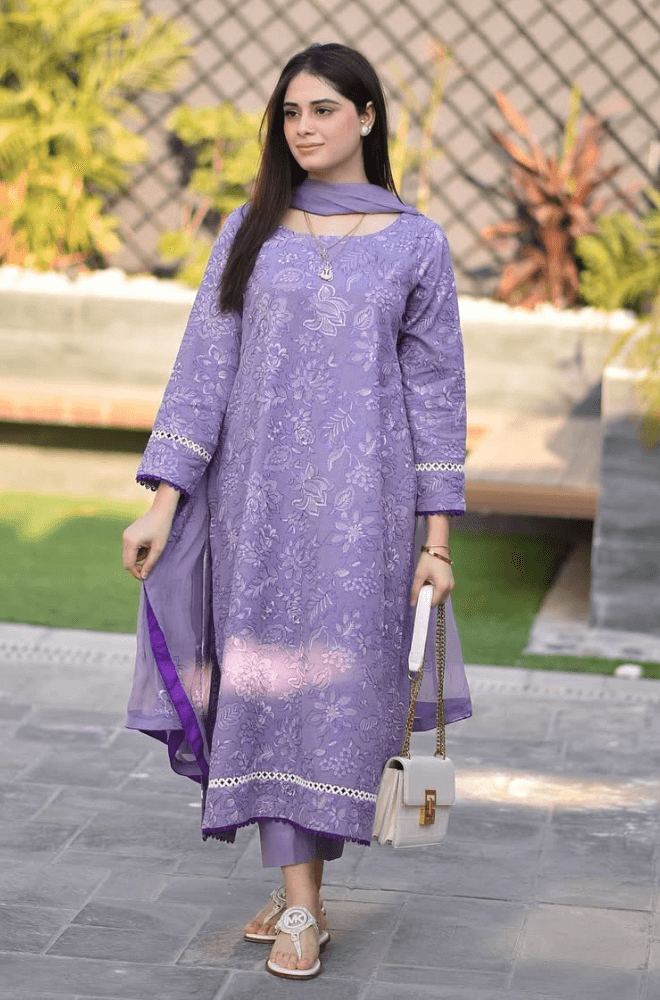 3 Piece Unstitched Heavy Embroidered Pure Lawn Suit with Heavy Embroidered Chiffon Dupatta