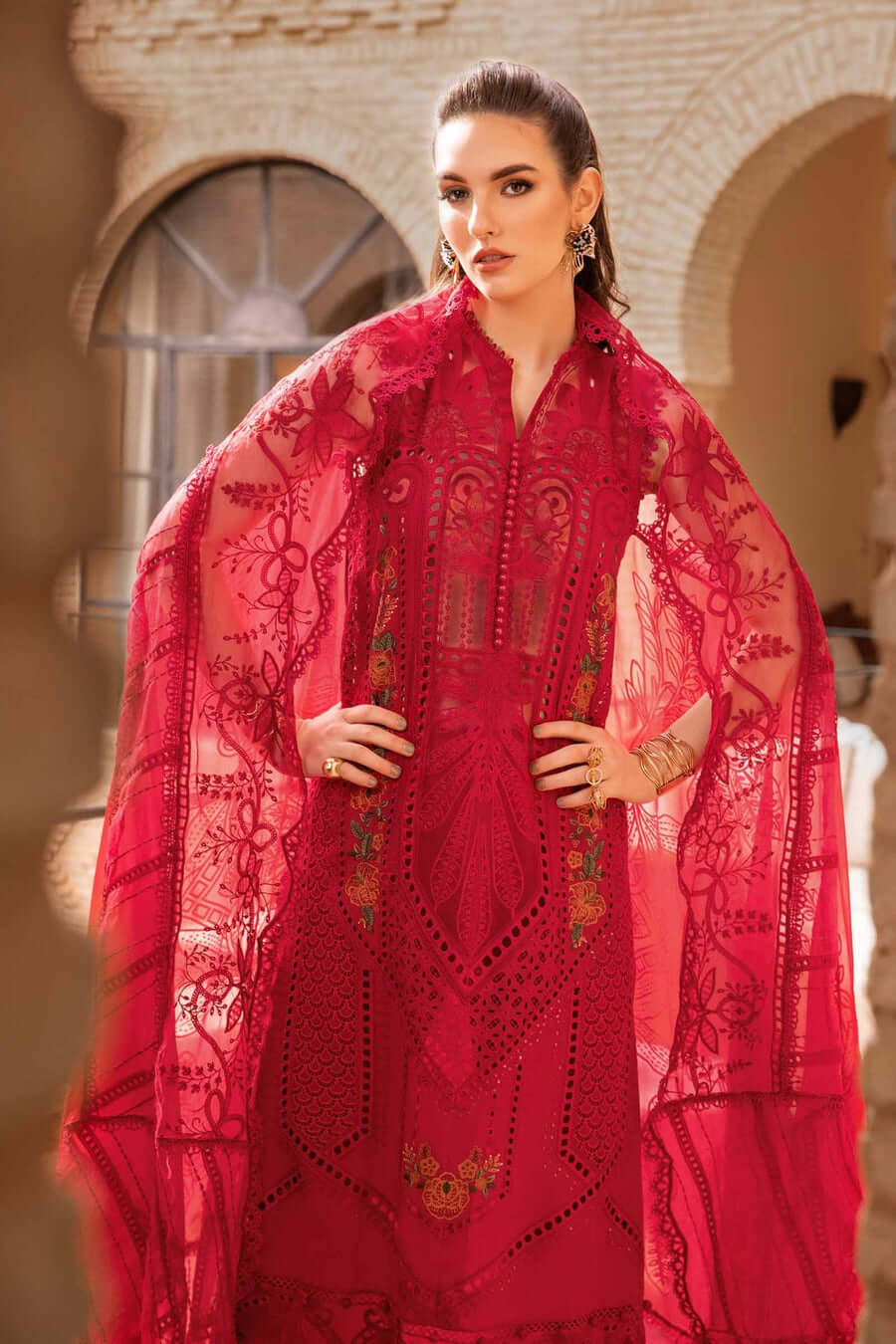 3 Piece Unstitched Heavy Embroidered Chickan Kari Lawn Suit with Four-Sided Embroidered Organza Dupatta