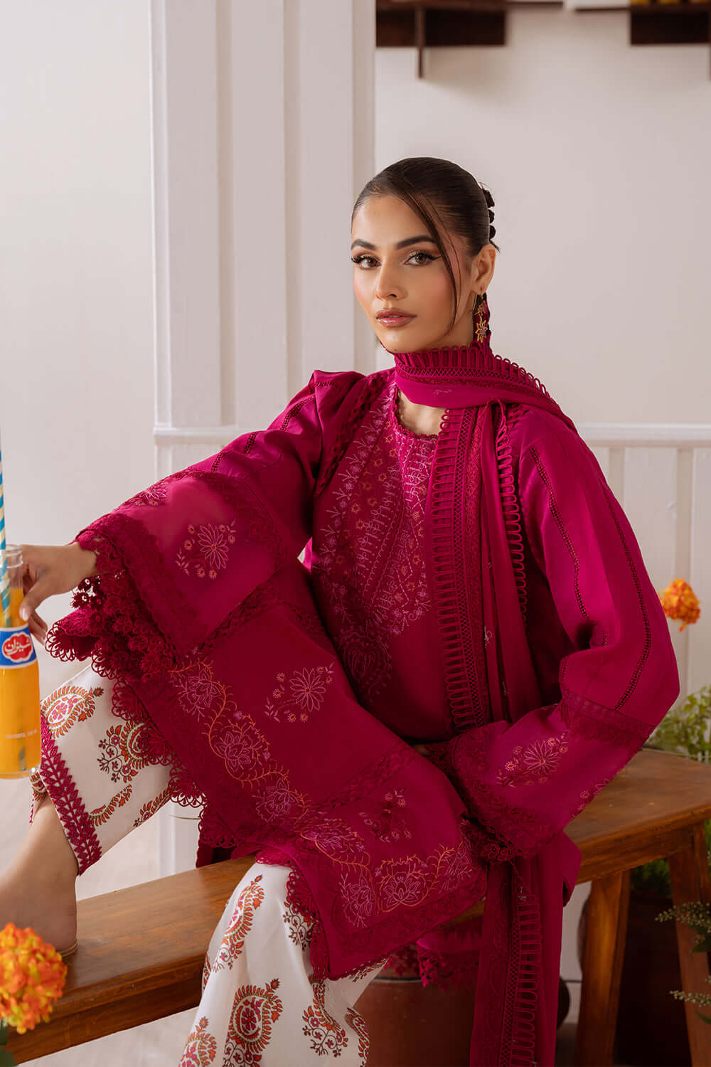 3 Piece Unstitched Heavy Embroidered Lawn Suit with Embroidered Plain Net Dupatta
