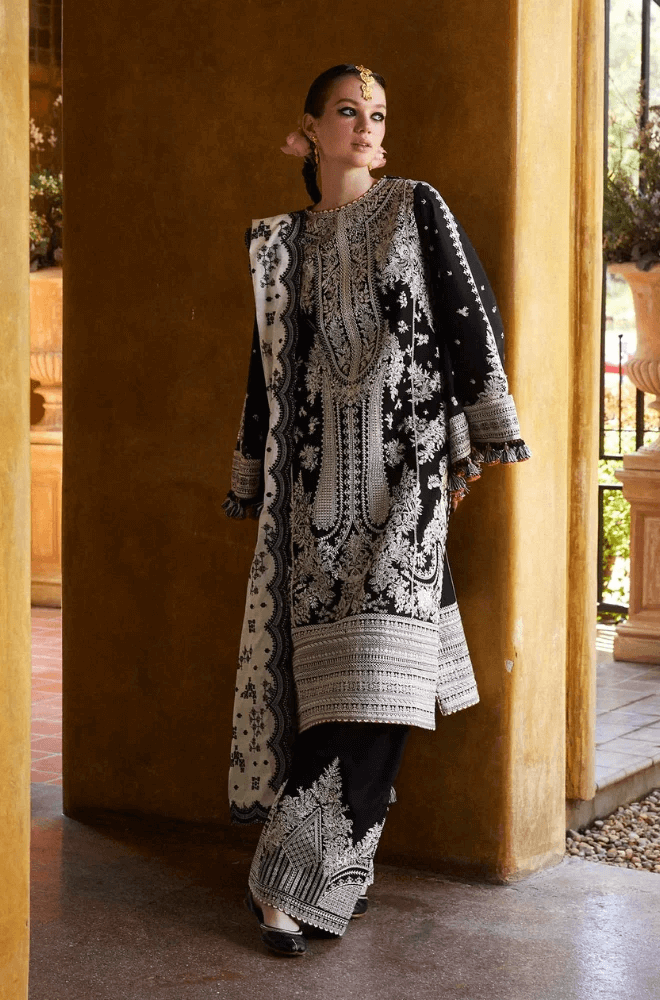 3 Piece Unstitched Heavy Embroidered Lawn Suit with Four-Sided Embroidered Chiffon Dupatta