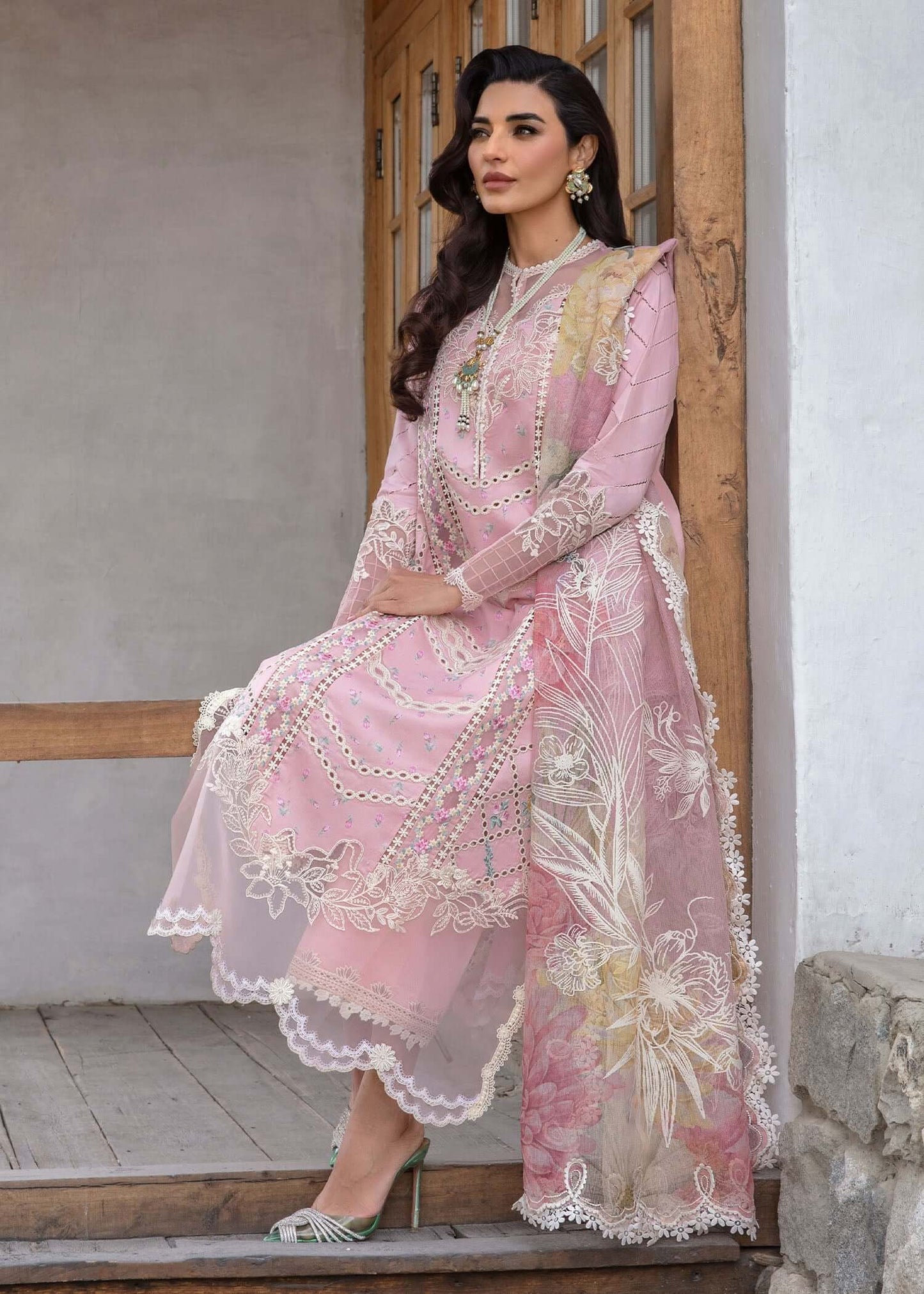 3 Piece Unstitched Heavy Embroidered Chickan Kari Lawn Suit with Four Sided Embroidered Silk Dupatta