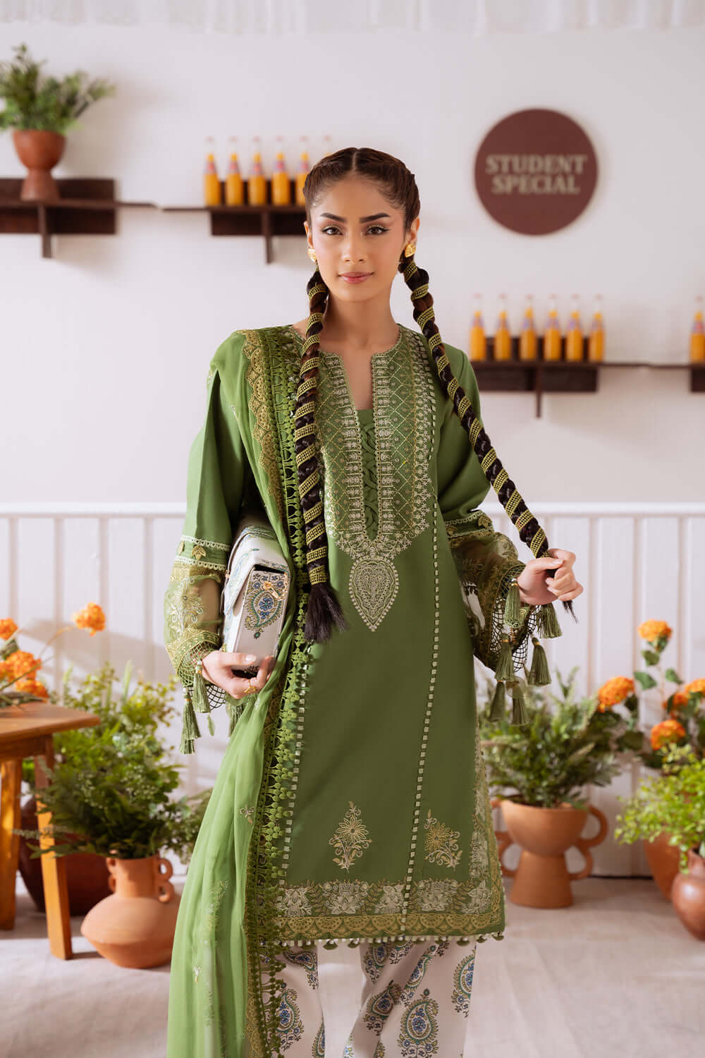 3 Piece Unstitched Heavy Embroidered Lawn Suit with Embroidered Plain Net Dupatta