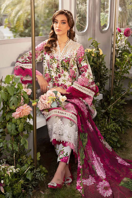 3 Piece Unstitched Heavy Embroidered Lawn Suit with Fine Printed Silk Dupatta