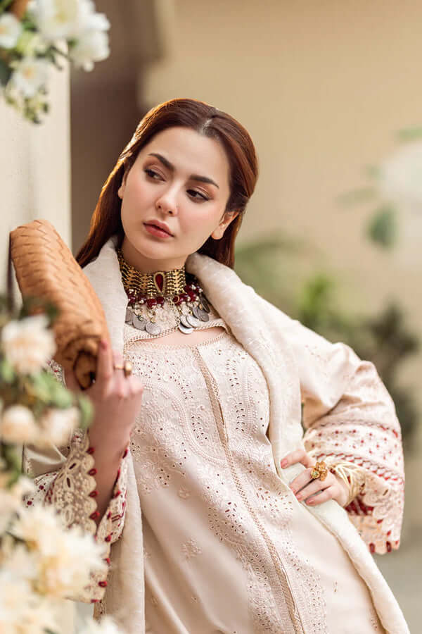 3 Piece Unstitched Heavy Embroidered Lawn Suit with Printed Cotton Net Dupatta