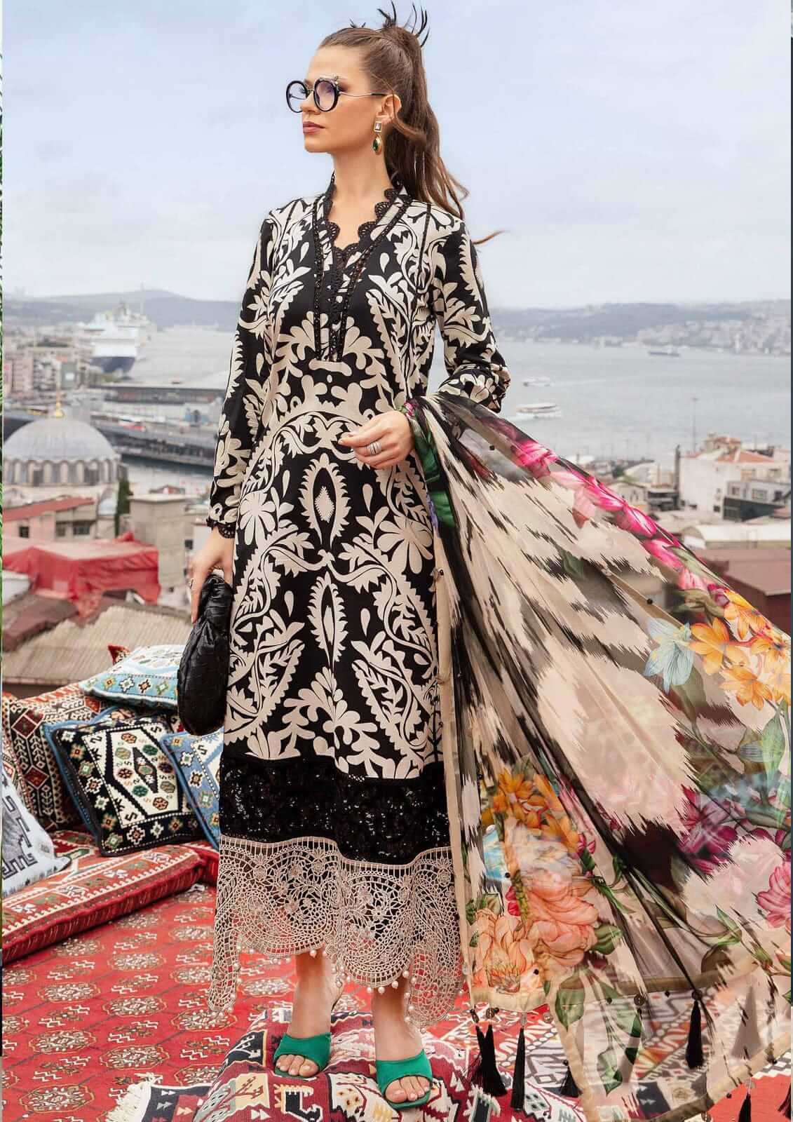3 Piece Unstitched Digital Printed Embroidered Lawn Suit with Fine Printed Silk Dupatta