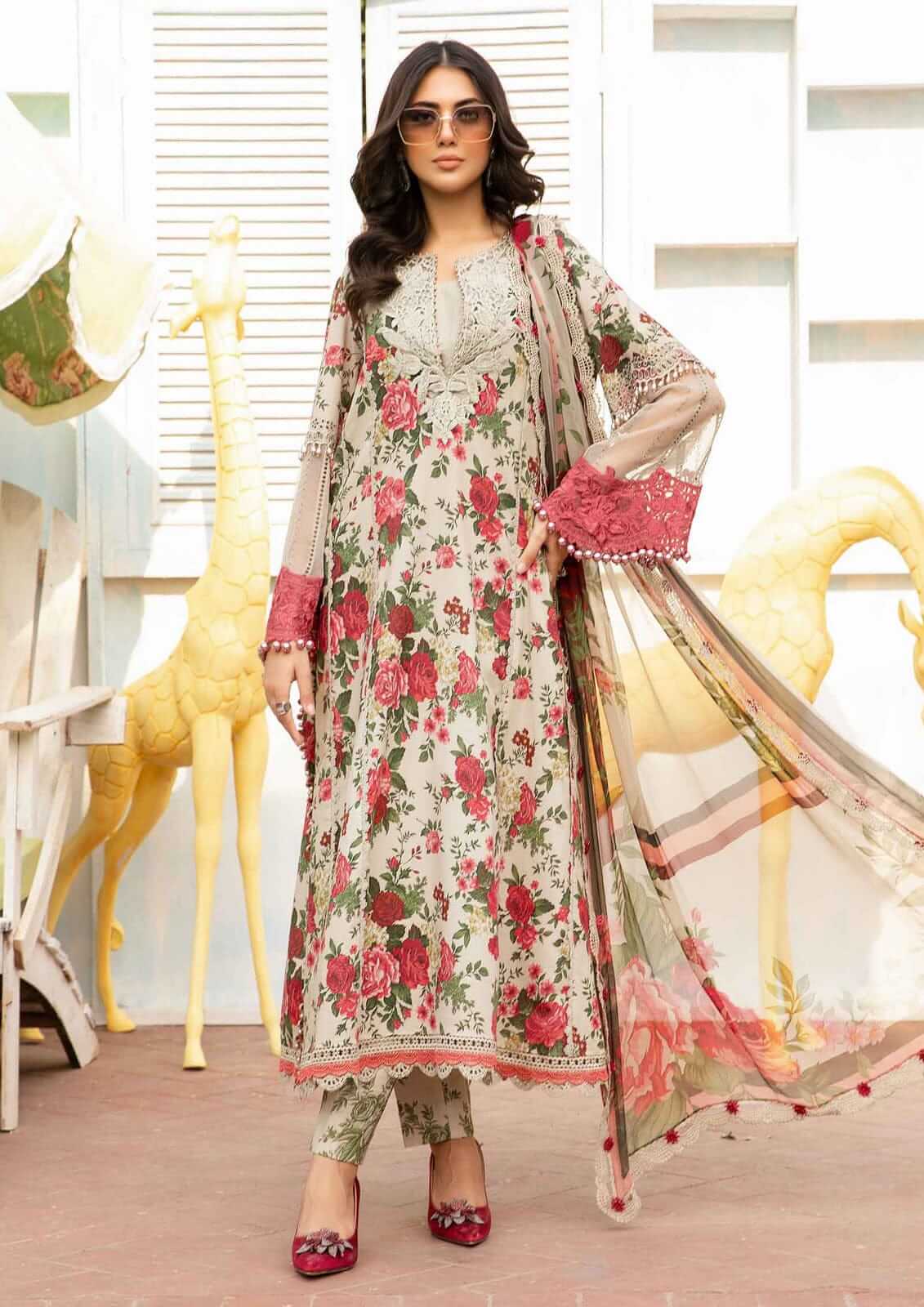 3 Piece Unstitched Heavy Embroidered Lawn Suit with Fine Printed Silk Dupatta