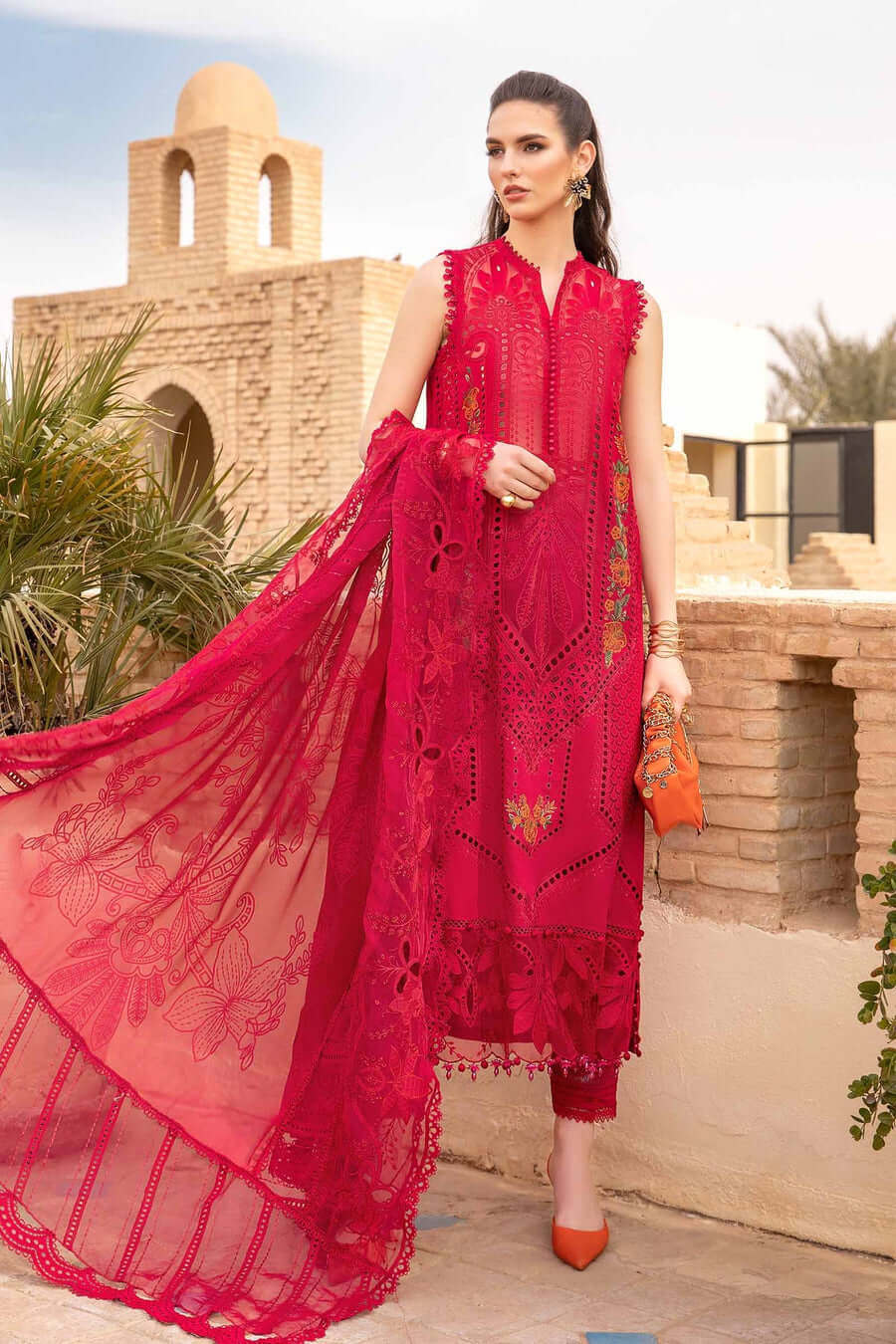 3 Piece Unstitched Heavy Embroidered Chickan Kari Lawn Suit with Four-Sided Embroidered Organza Dupatta