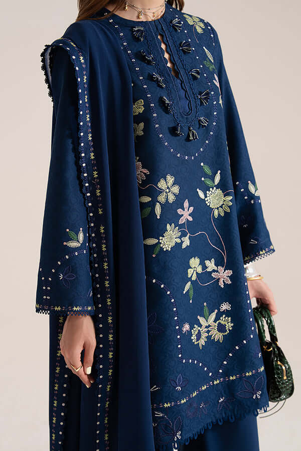 3 Piece Unstitched Heavy Embroidered Dhanak Suit with Four-sided Embroidered Dhanak Shawl