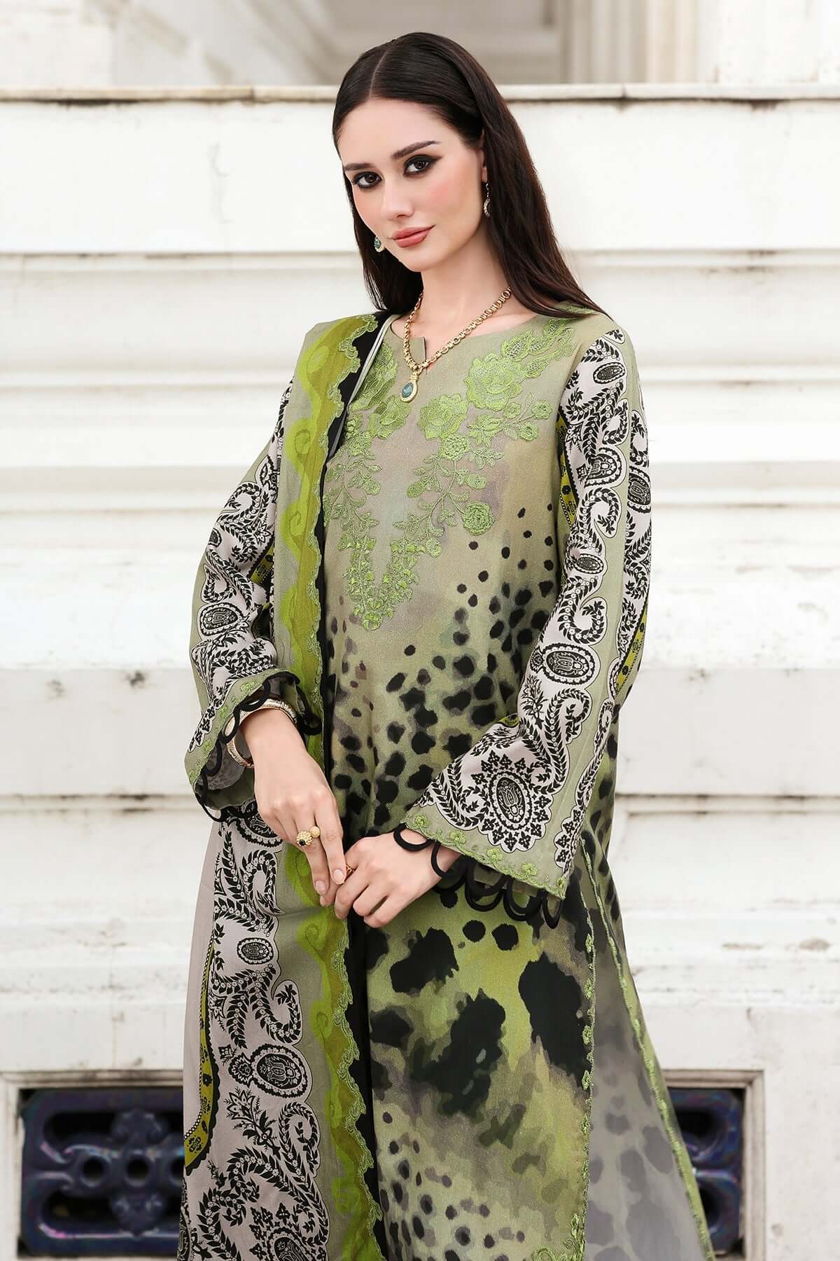 3 Piece Unstitched Embroidered Khaddar Suit with Printed Khaddar Dupatta