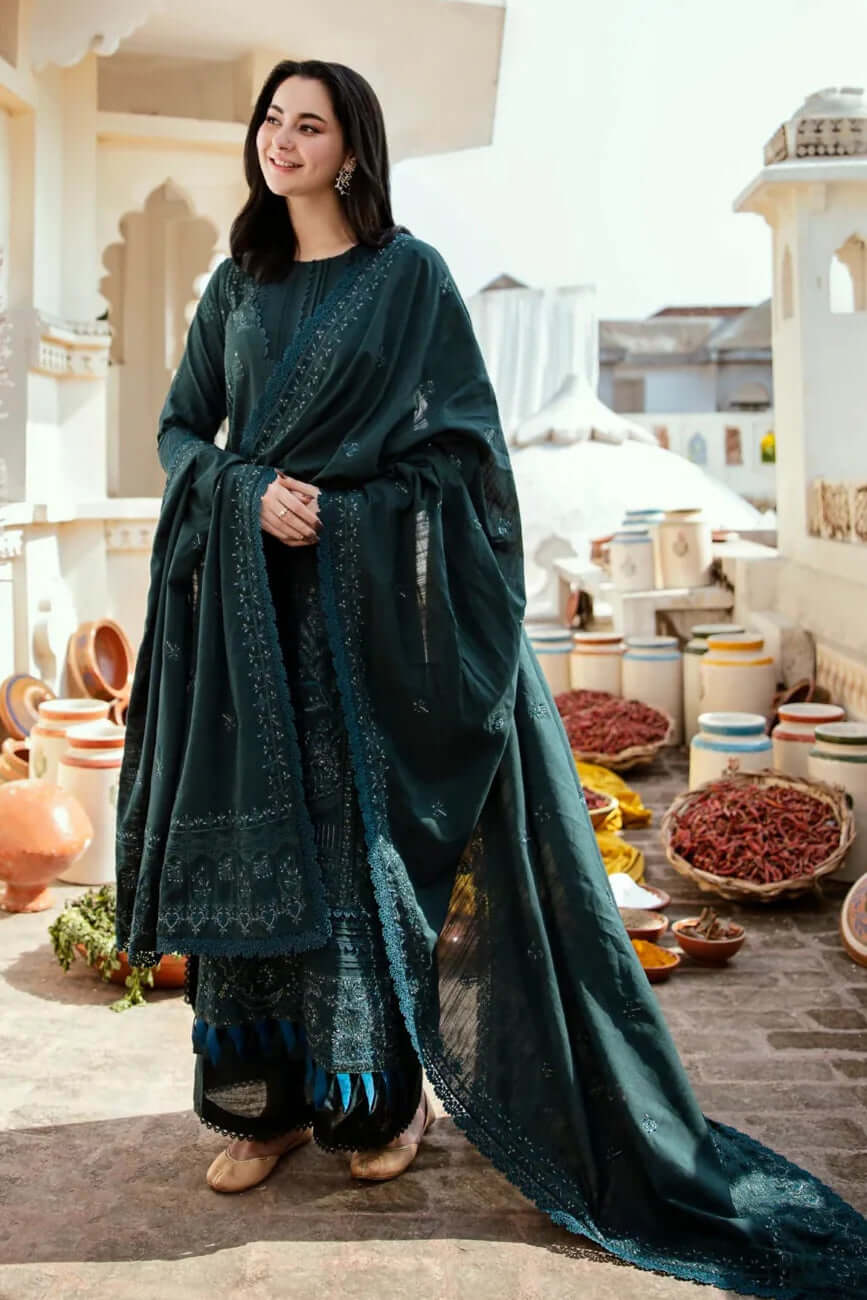 3 Piece Unstitched Heavy Embroidered Dhanak Suit with Four-sided Embroidered Dhanak Shawl