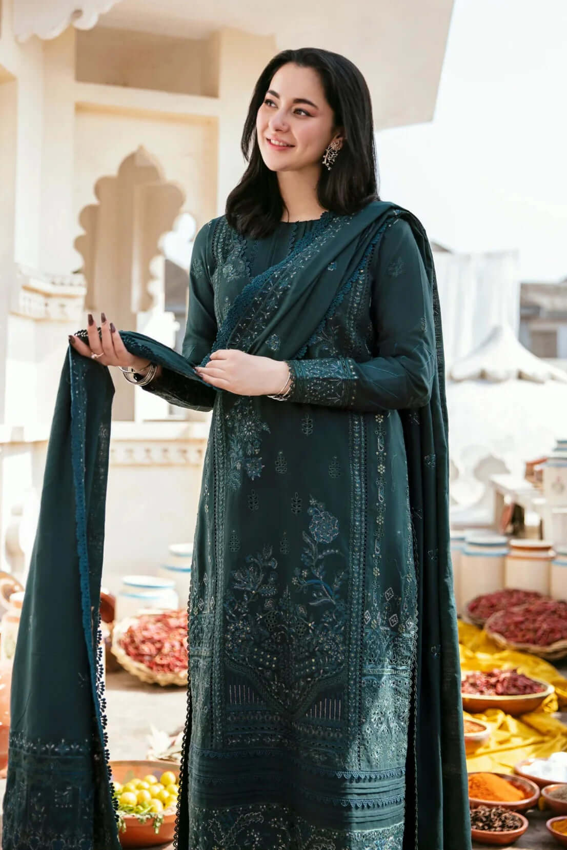 3 Piece Unstitched Heavy Embroidered Dhanak Suit with Four-sided Embroidered Dhanak Shawl
