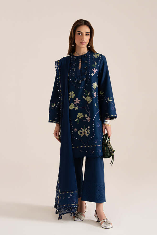 3 Piece Unstitched Heavy Embroidered Dhanak Suit with Four-sided Embroidered Dhanak Shawl