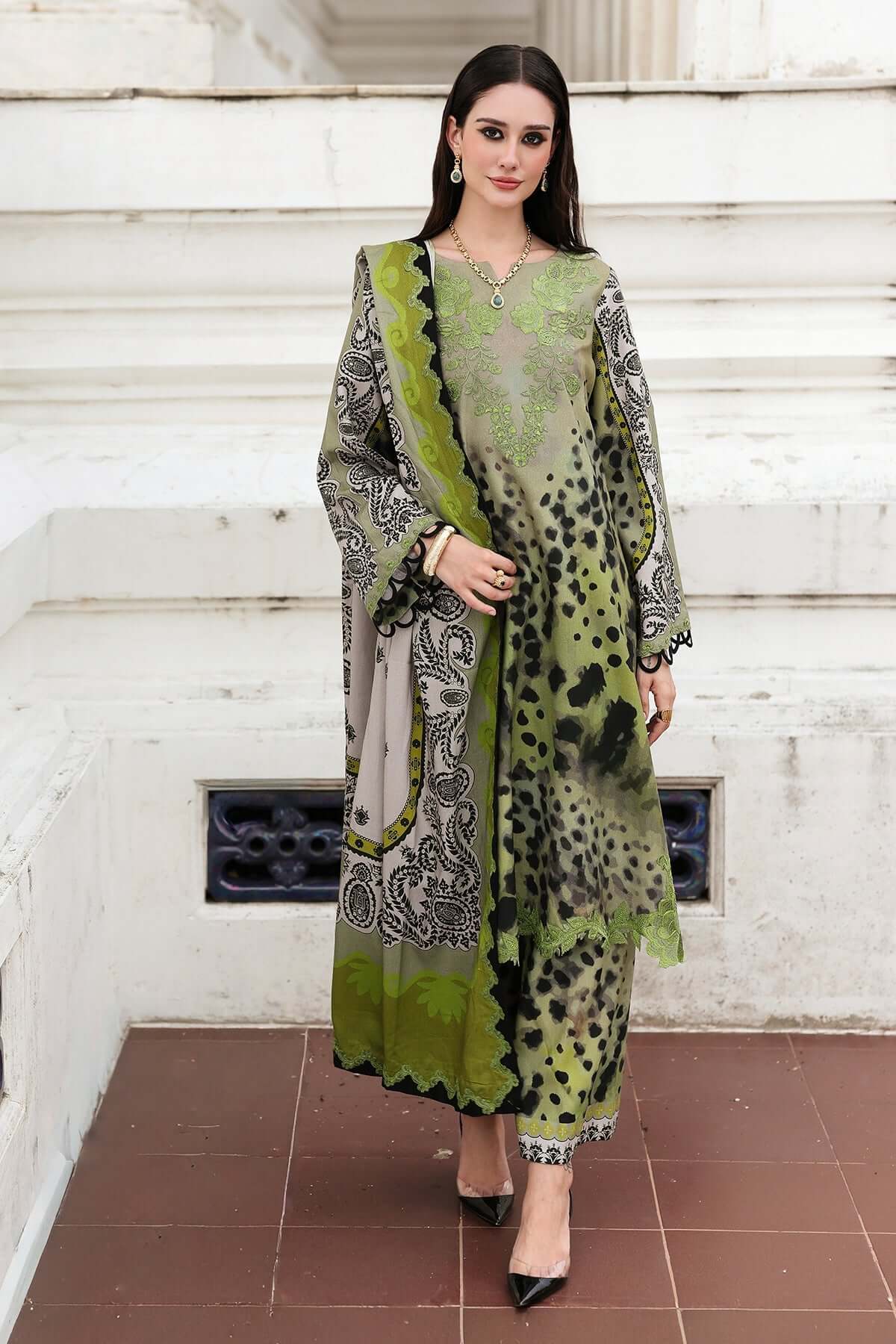 3 Piece Unstitched Embroidered Khaddar Suit with Printed Khaddar Dupatta