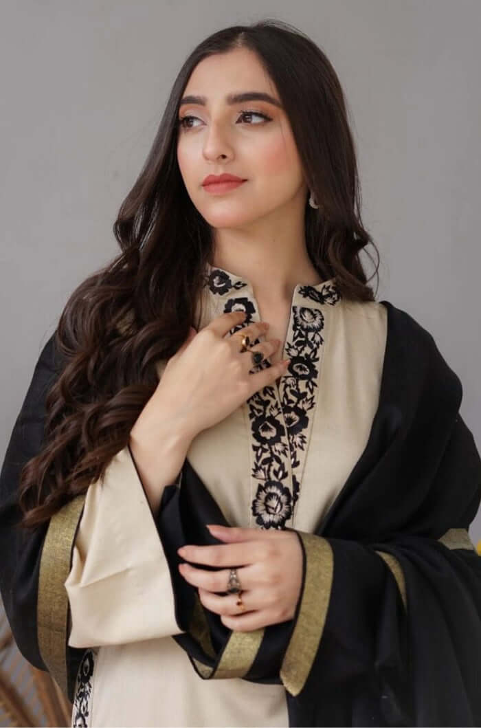 3 Piece Unstitched Heavy Embroidered Dhanak Suit with Embroidered Dhanak Shawl