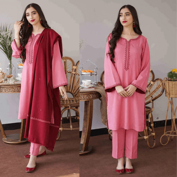3 Piece Unstitched Heavy Embroidered Dhanak Suit with Embroidered Dhanak Shawl