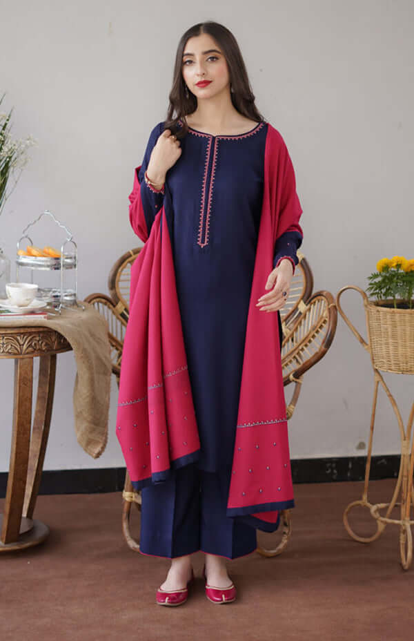 3 Piece Unstitched Heavy Embroidered Dhanak Suit with Embroidered Dhanak Shawl