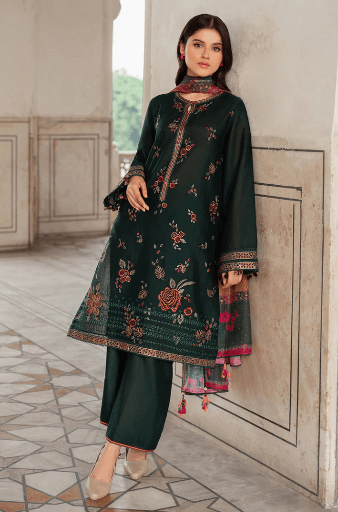 3 Piece Unstitched Heavy Embroidered Dhanak Suit with Printed Woolen Shawl