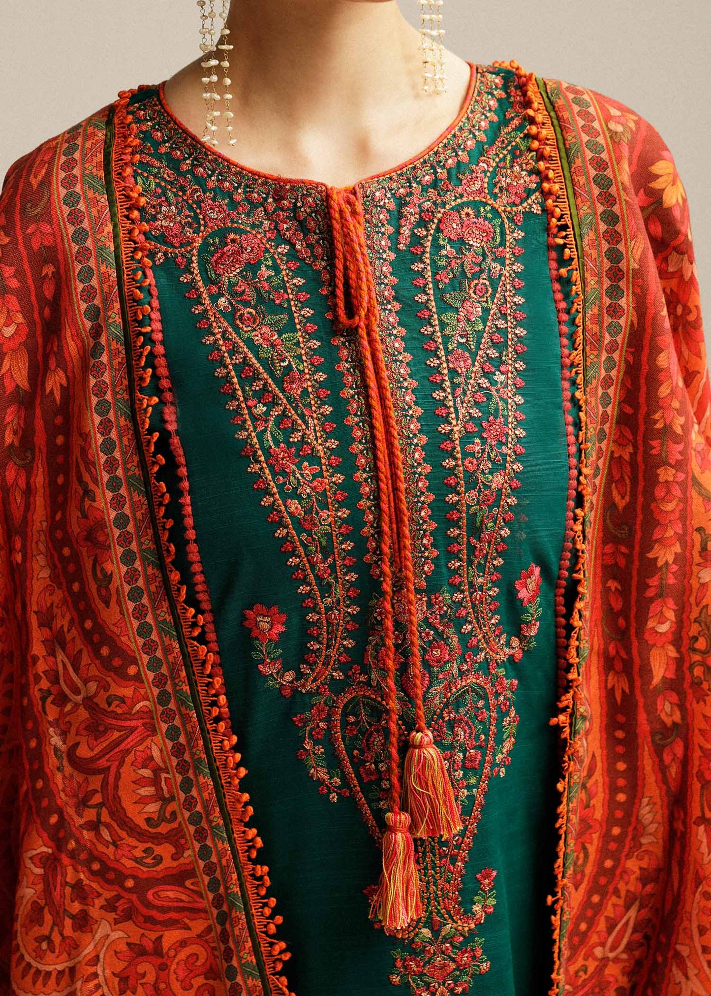 3 Piece Unstitched Heavy Embroidered Dhanak Suit with Printed Woolen Shawl