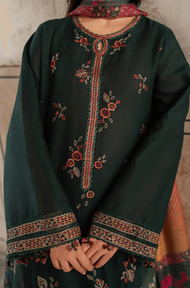 3 Piece Unstitched Heavy Embroidered Dhanak Suit with Printed Woolen Shawl