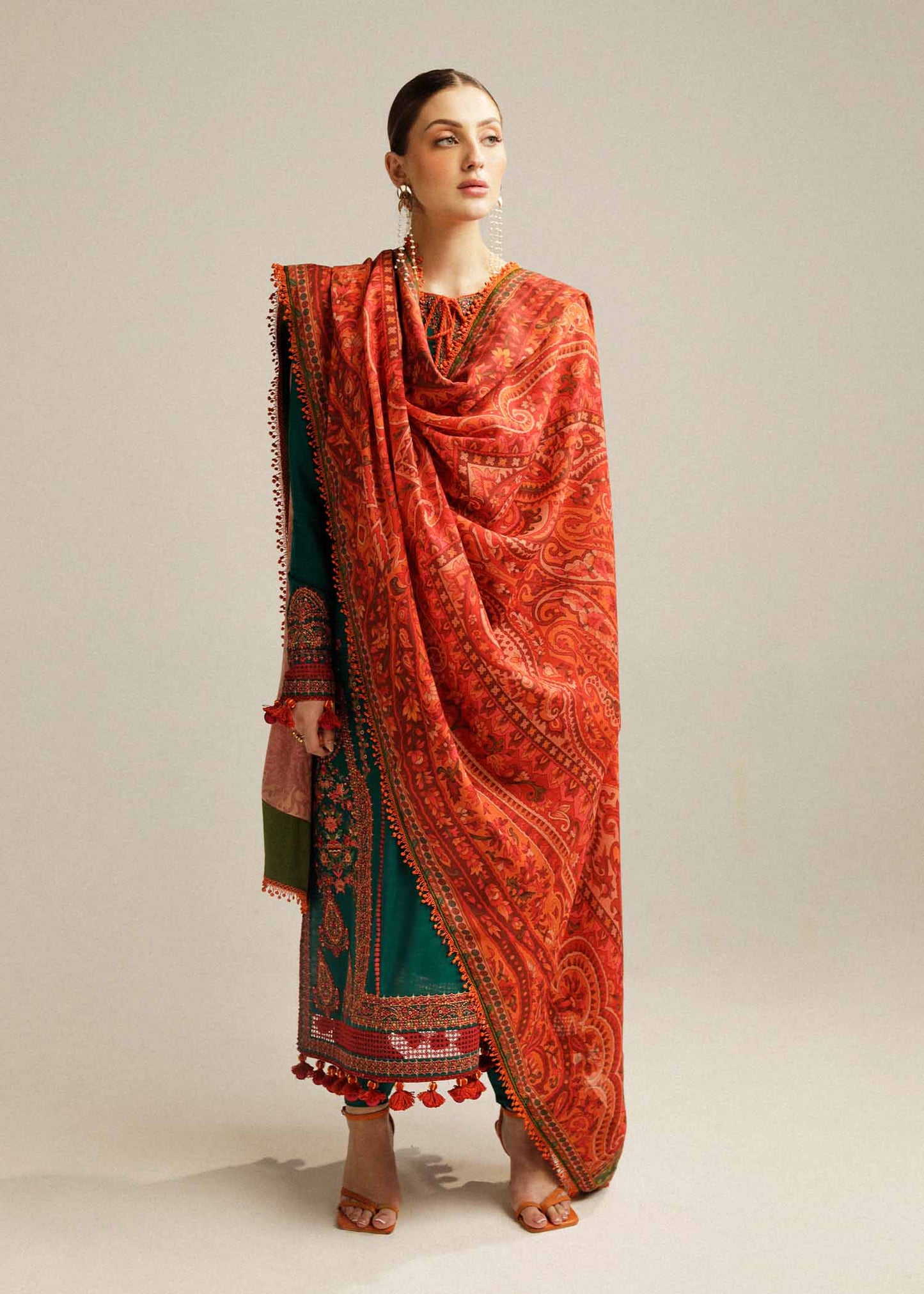 3 Piece Unstitched Heavy Embroidered Dhanak Suit with Printed Woolen Shawl