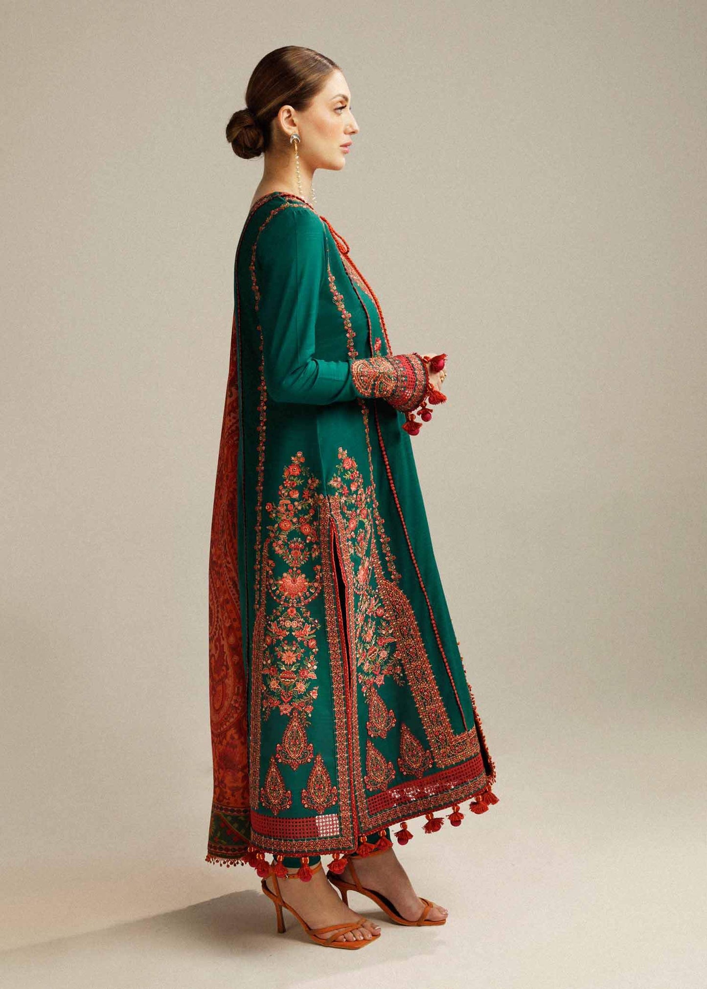 3 Piece Unstitched Heavy Embroidered Dhanak Suit with Printed Woolen Shawl