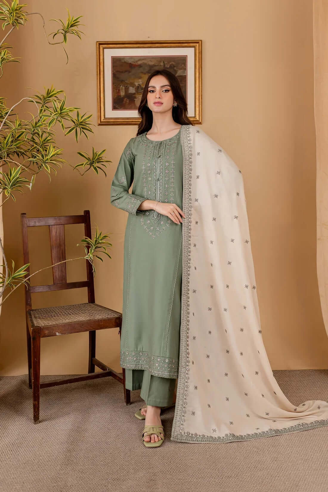 3 Piece Unstitched Heavy Embroidered Dhanak Suit with Embroidered Dhanak Shawl