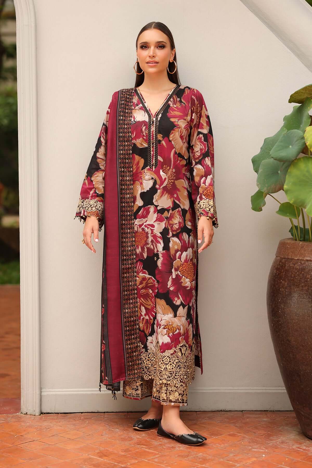3 Piece Unstitched Embroidered Khaddar Suit with Printed Khaddar Dupatta