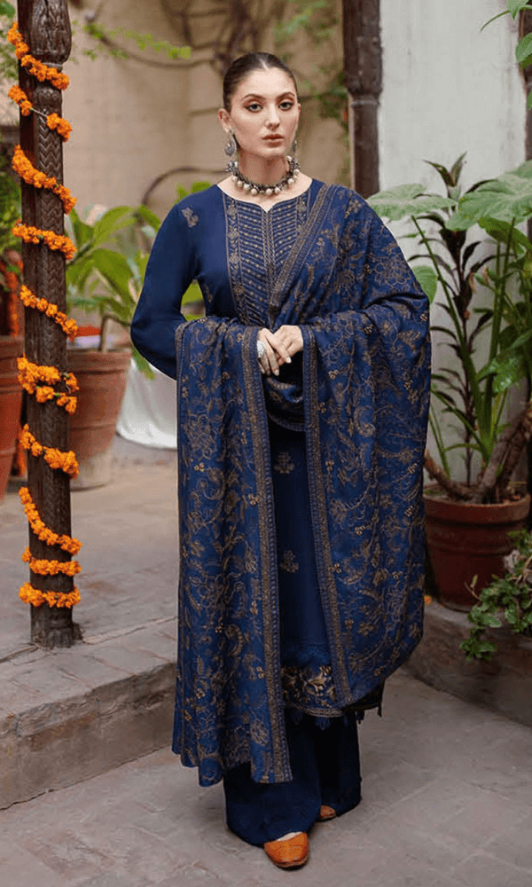 3 Piece Unstitched Heavy Embroidered Dhanak Wool Suit With Heavy Embroidered Dhanak Wool Shawl - Malam