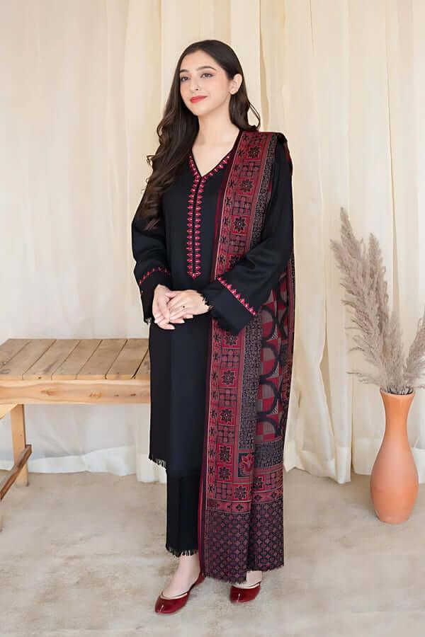 3 Piece Unstitched Embroidered Dhanak Wool Suit With Printed Woolen Shawl - Malam