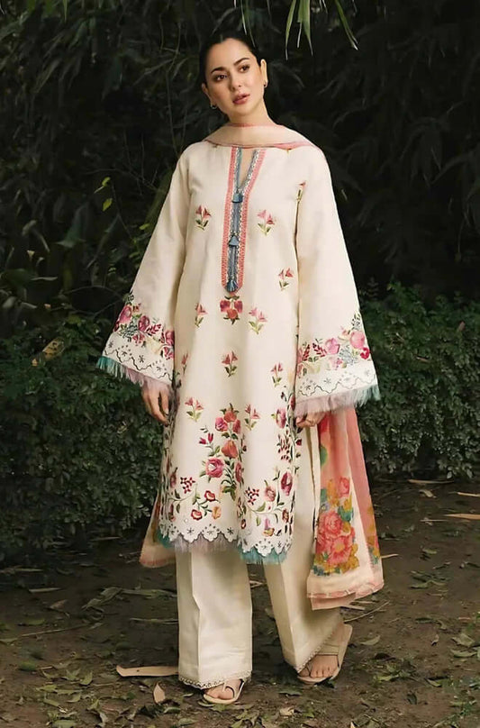 3 Piece Unstitched Heavy Embroidered Dhanak Suit with Printed Wool Shawl