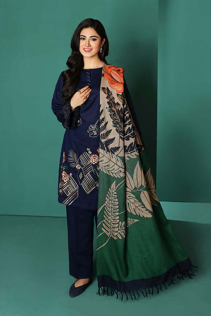 3 Piece Unstitched Heavy Embroidereda Dhanak Wool Suit With Digital Printed Dhanak Wool Shawl