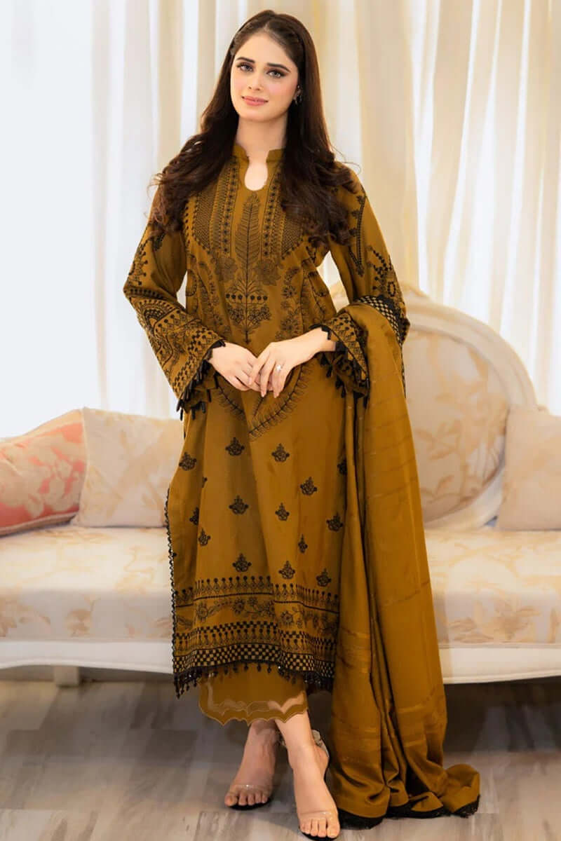 3 Piece Unstitched Heavy Embroidered Dhanak Suit with Embroidered Dhanak Shawl