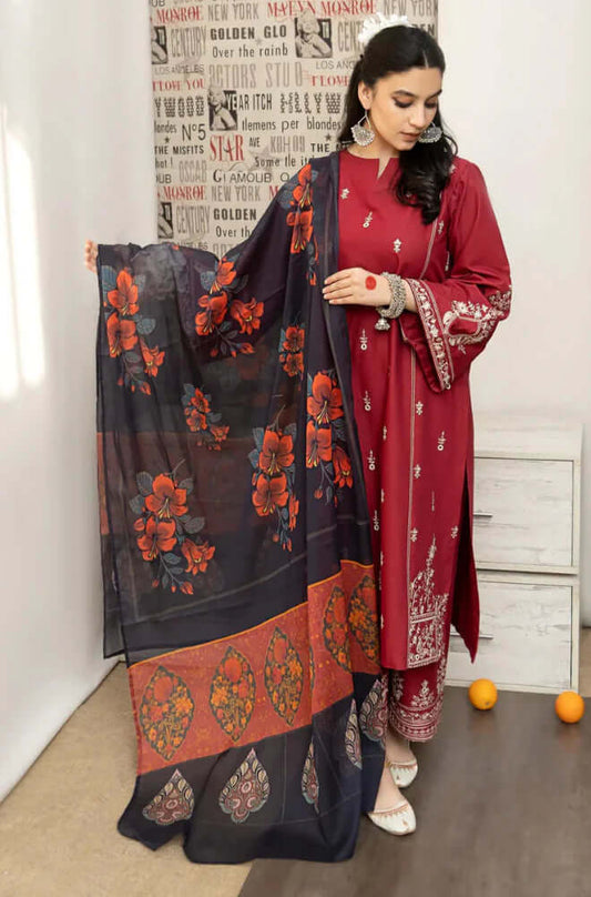 3 Piece Unstitched Heavy Embroidered Dhanak Suit with Printed Wool Shawl