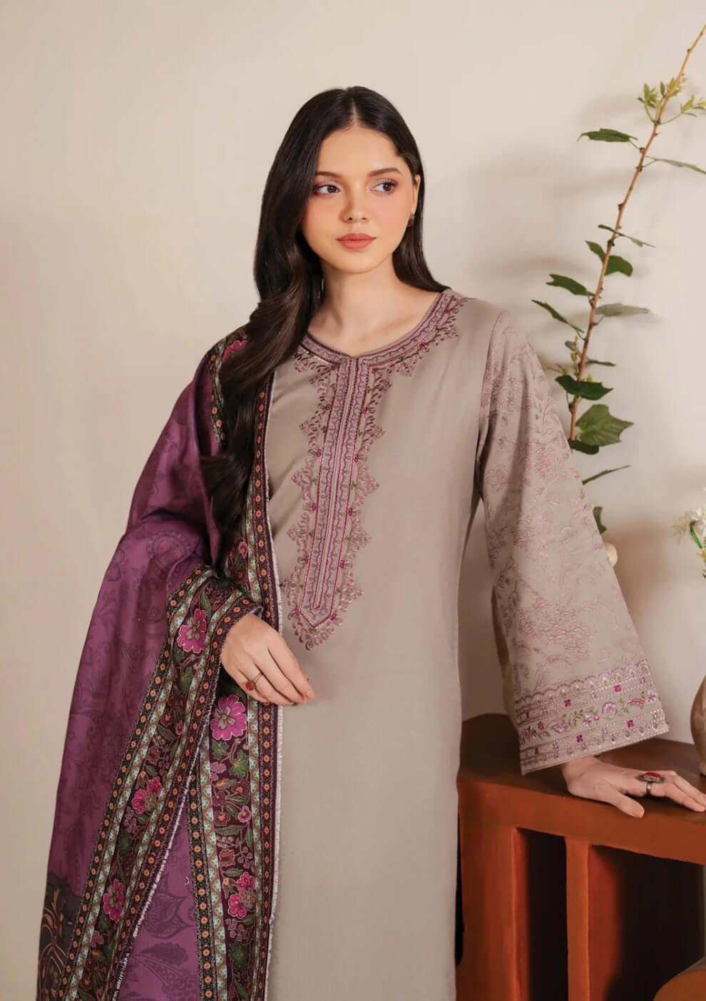 3 Piece Unstitched Embroidered Dhanak Suit with Printed Wool Shawl