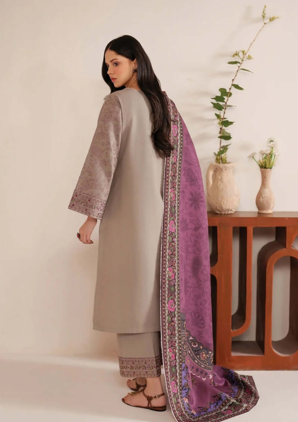 3 Piece Unstitched Embroidered Dhanak Suit with Printed Wool Shawl