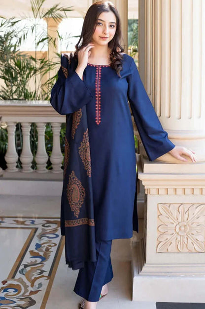 3 Piece Unstitched Embroidered Dhanak Suit with Printed Wool Shawl