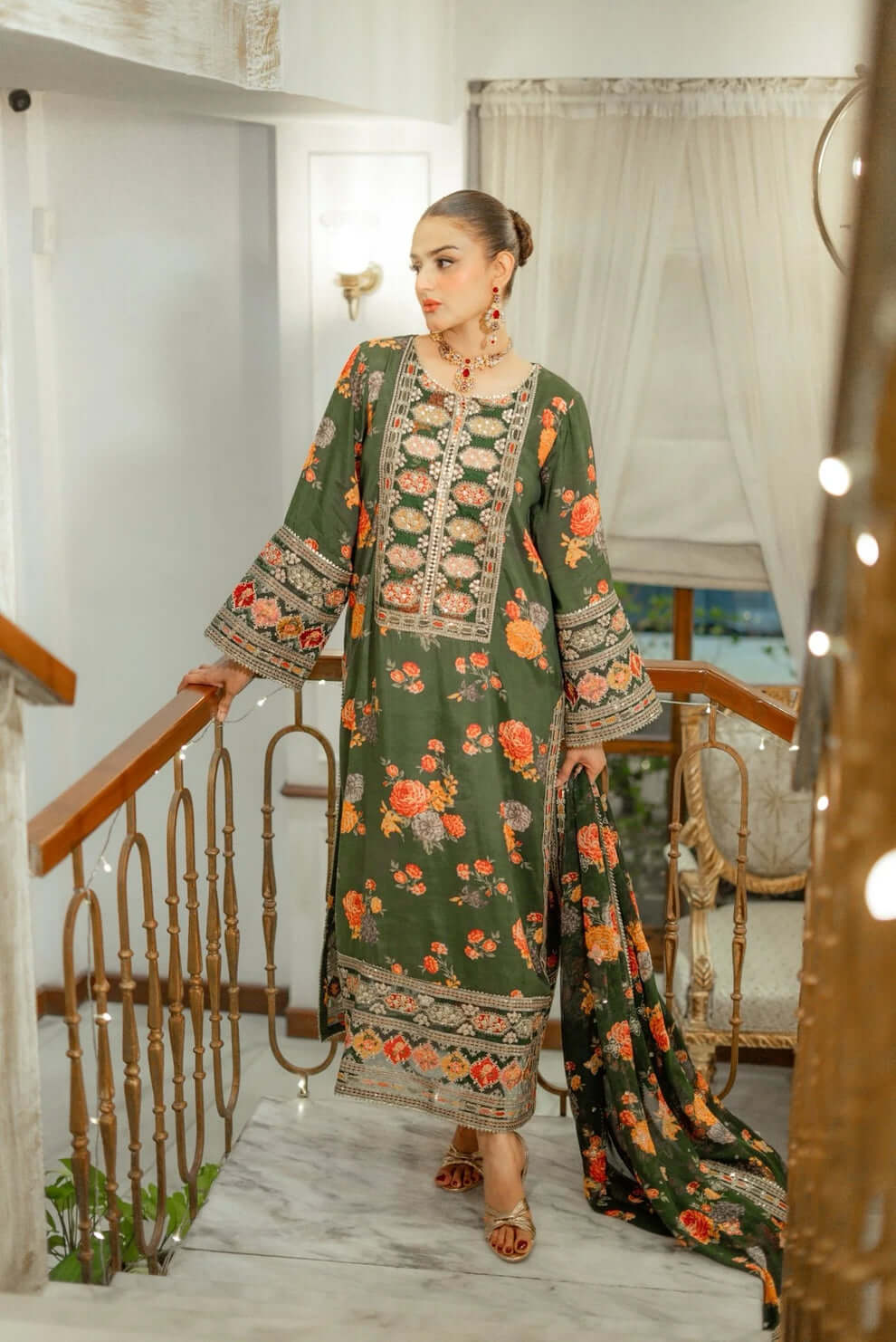 3 Piece Unstitched Heavy Embroidered Shamoz Silk Suit with Embroidered Silk Dupatta