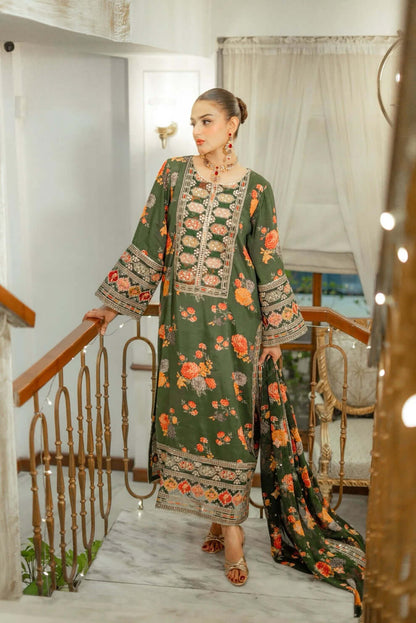 3 Piece Unstitched Heavy Embroidered Shamoz Silk Suit with Embroidered Silk Dupatta