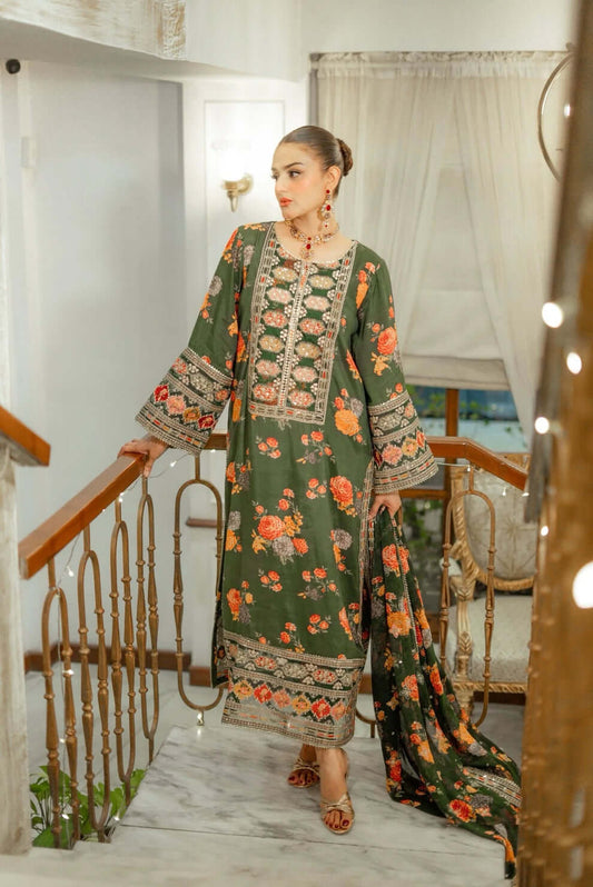 3 Piece Unstitched Heavy Embroidered Shamoz Silk Suit with Embroidered Silk Dupatta